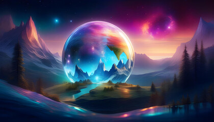 A digital illustration of a hidden world inside the earth with crystal formations and galaxies in the background