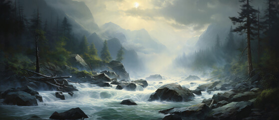 A painting of a river with a bunch of water rushing