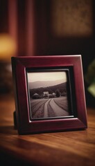 Vintage photo frame on the wooden table.