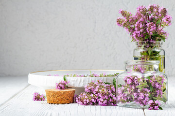 Thymus serpyllum herb in bottle.Thyme is a medicinal herb for dissolving and easier secretion of...