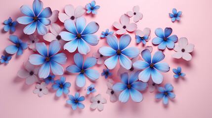 there are many blue flowers on a pink background