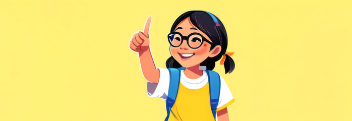 Happy asian girl, schoolgirl in glasses with a backpack, yellow tones. Banner for school and free space for advertising.