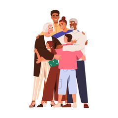 Happy family, different generation hugging, embracing. Parents, grandparents, kids, children in bonding relationship, love, support. Flat graphic vector illustration isolated on white background - 758682085