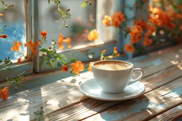 Fototapeta premium A cup of coffee on the table by the window in the morning, inviting relaxation and a fresh start to the day