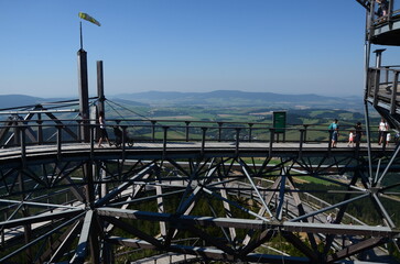 Dolni Morava, Czech Republic - August 27, 2017: Path in the clouds, tourist attraction in Czech Republic. Many tourists climb a spiral platform to the observation tower in the city of Dolni Morava.