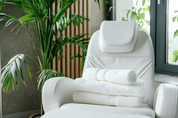 Modern beauty salon interior with a comfortable white chair, clean towels, and orchid plant, with a...