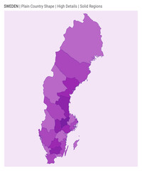 Sweden plain country map. High details. Solid regions style. Shape of Sweden. Vector illustration.