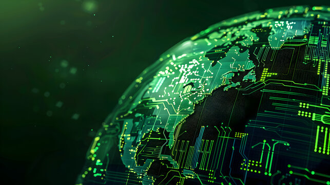 A semi - opaque globe with vibrant green continents made of circuit board patterns, against a dark navy background.