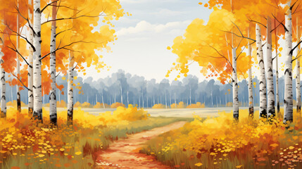 Horizontal autumn landscape with birch grove. 