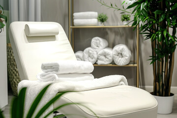 Modern beauty salon interior with a comfortable white chair, clean towels, and orchid plant, with a serene atmosphere