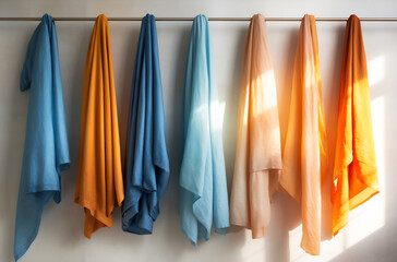 Assorted Colored Fabrics Hanging in Sunlit Room