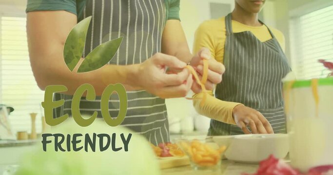 Animation of eco friendly text over diverse couple preparing healthy meal in kitchen