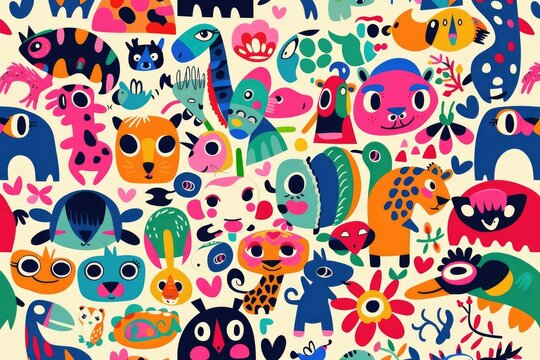 Abstract animal seamless pattern banner, wallpaper for kids, bright colors hare, dog, fox, deer, bear over beige background. Wrapping paper for presents. Baby linen, clothes and products for children