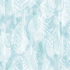 Art floral background.  Seamless monochrome pattern with  abstract leaves on a blue watercolor. Perfect for design templates, wallpaper, wrapping, fabric and textile, print. - 758682864