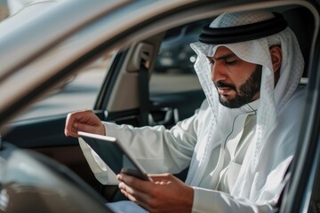 Middle Eastern businessman in traditional attire using smartphone in car, focused on modern connectivity - AI generated