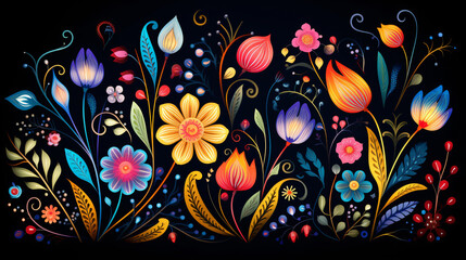 Illustration of colorful boho style flowers on a black background