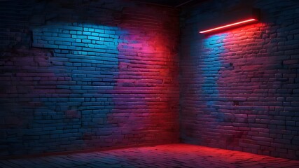 Neon light on empty grunge concrete brick wall. Lighting effect red and blue on brick wall for background party happiness concept, club dancing room, presenting products or placing products