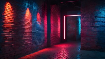 Neon light on empty corridor with brick wall. Lighting Effect red and blue on brick wall for background party happiness concept, presenting products or placing products