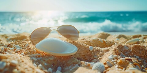 Fototapeta na wymiar Seaside relaxation captured with sunscreen and stylish sunglasses on sandy shore