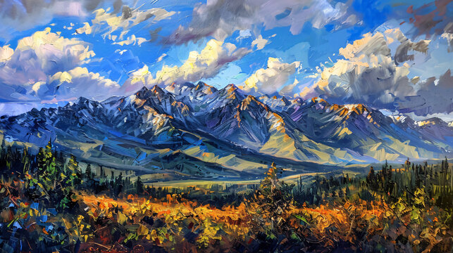 Impressionism art oil painting mountain view ..