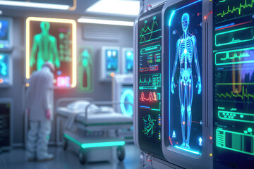  An advanced digital interface displays a human skeleton anatomy on a futuristic screen operated by professionals
