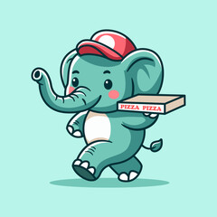 Cute Elephant Walk Delivery Pizza Cartoon Vector Icon Illustration