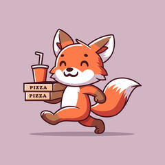 Cute Fox Walk Delivery Pizza Cartoon Vector Icon Illustration