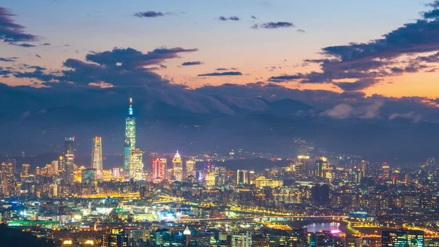Day to night Time lapse, Aerial view of Taipei, Taiwan 