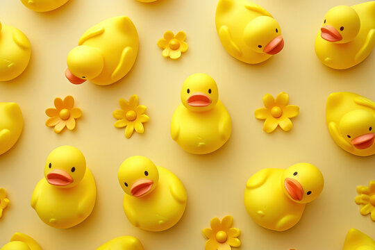 Collection of Many Yellow Rubber Ducks Arranged in a Row on a Yellow Background with Flowers