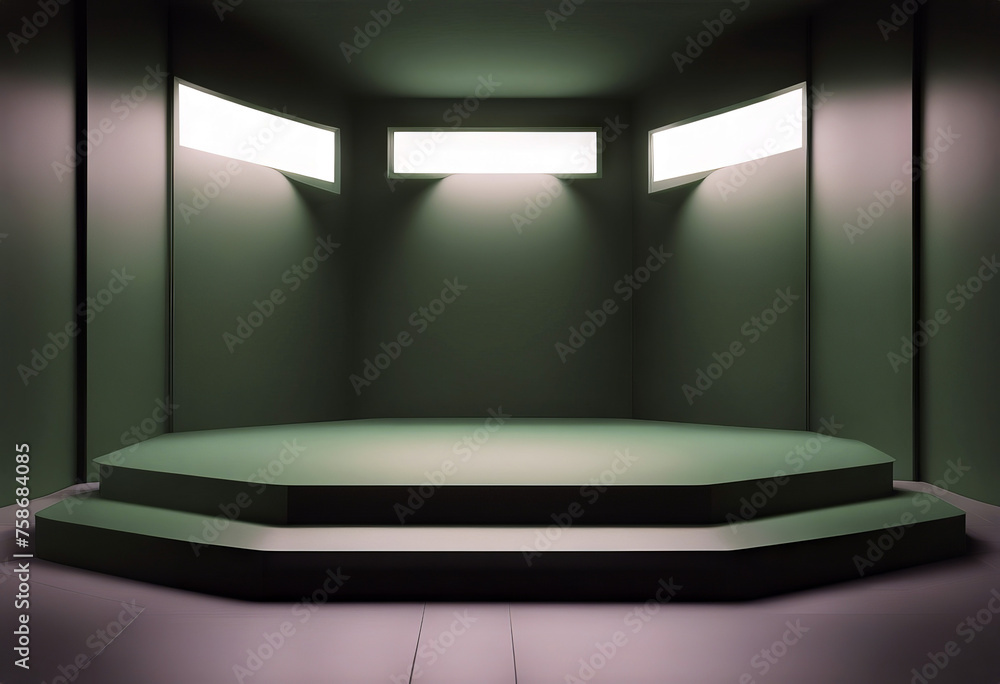 Poster green colour empty place floor and wall with shadows. 3d computer graphic template of displaying pla