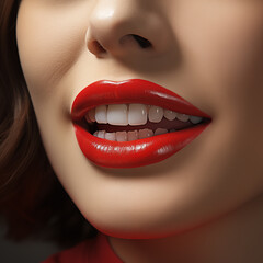 Fototapeta premium Teeth with bright red lips illuminate the screen highlighting the elegance and charm of radiant female smile in this charming photo Concept of beautiful snow-white smile with white straight teeth.