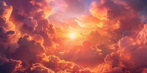 Poster Expansive sky at sunset with billowing clouds illuminated in warm hues © nur