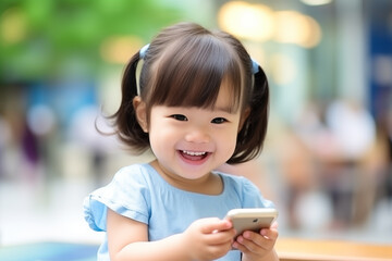 an asian child using smartphone very happy