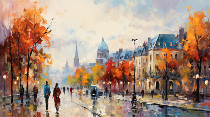 Impressionist style oil painting. Bustling cityscape 