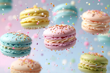 Sweet macaroons macarons with crumbs falling flying isolated on blur background. French cookies with vanilla, raspberry and strawberry.