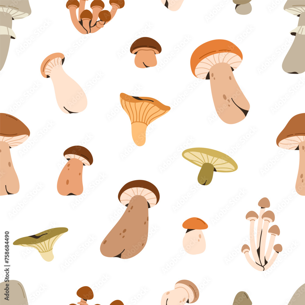 Poster mushrooms pattern. seamless repeating print, fall fungus. autumn fungi, endless background with bole