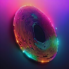 Neon Icon of purple and violet fingerprint glowing on dark futuristic background. Unique identity of person, digital or biometric security. Biometrics identification and cyber security concept. 