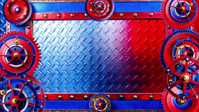 metal frame with gear mechanism, steampunk, bright red and blue colors, cyclic animation, background for music