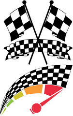 crossed racing flag and chekared flag with speadometer vector illustration