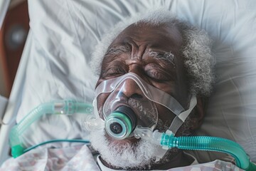 Elderly male patient in hospital bed with oxygen mask, receiving critical medical care - AI generated