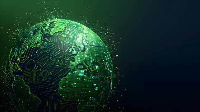 A semi - opaque globe with vibrant green continents made of circuit board patterns, against a dark navy background.