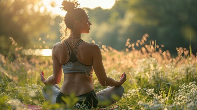 Young woman practicing yoga in nature on a spring morning. Girl with slim, strong and flexible body meditates outdoors. Vitality, calm, relaxation, mindfulness, zen energy. Healthy lifestyle concept.