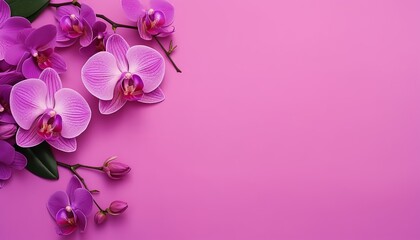 Fototapeta na wymiar orchid on a colored background, top view, copy space for text