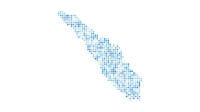 Sumatra dotted digital map. Map of Sumatra with pulsating colored circles. Shape of the island filled with blue disks. Radiant video.