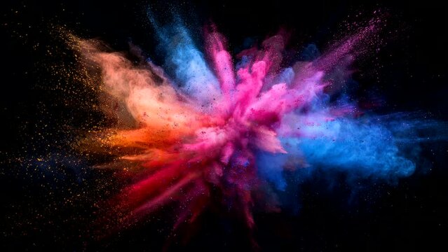 colorful powder explode on black background, video looping 