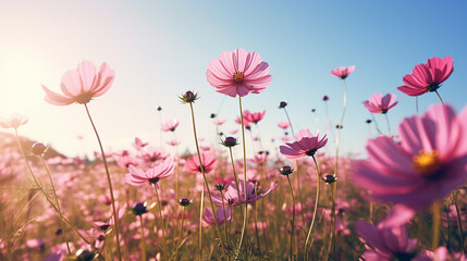 Vibrant pink cosmos flowers under the soft sunlight and blurry background.