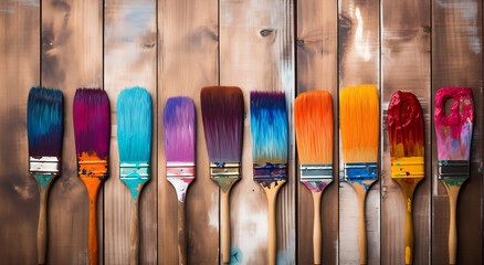 Paintbrush Spectrum on Wooden Background