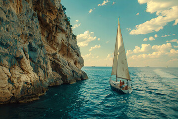 View of sailboat on a clear and sunny morning near the cliffs