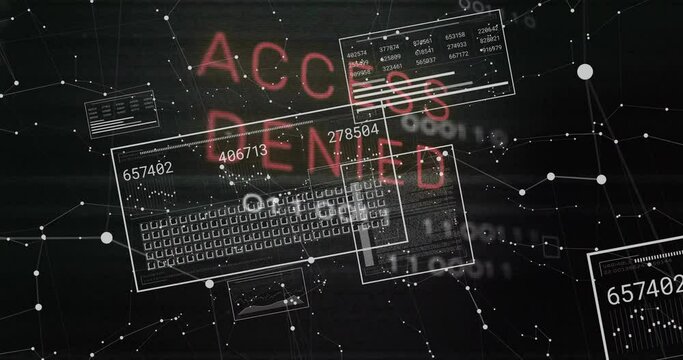 Animation of access denied text and digital data processing over black background