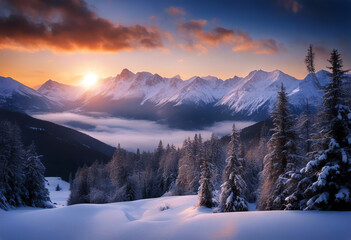 Panorama of the winter sunrise in mountains stock photo